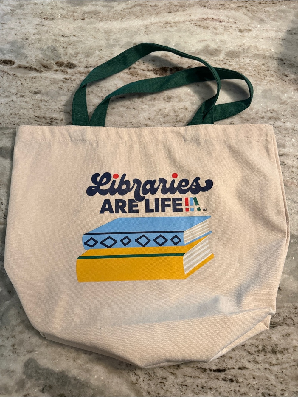 Libraries Are Life Canvas Tote Bag in Cream with Green Straps